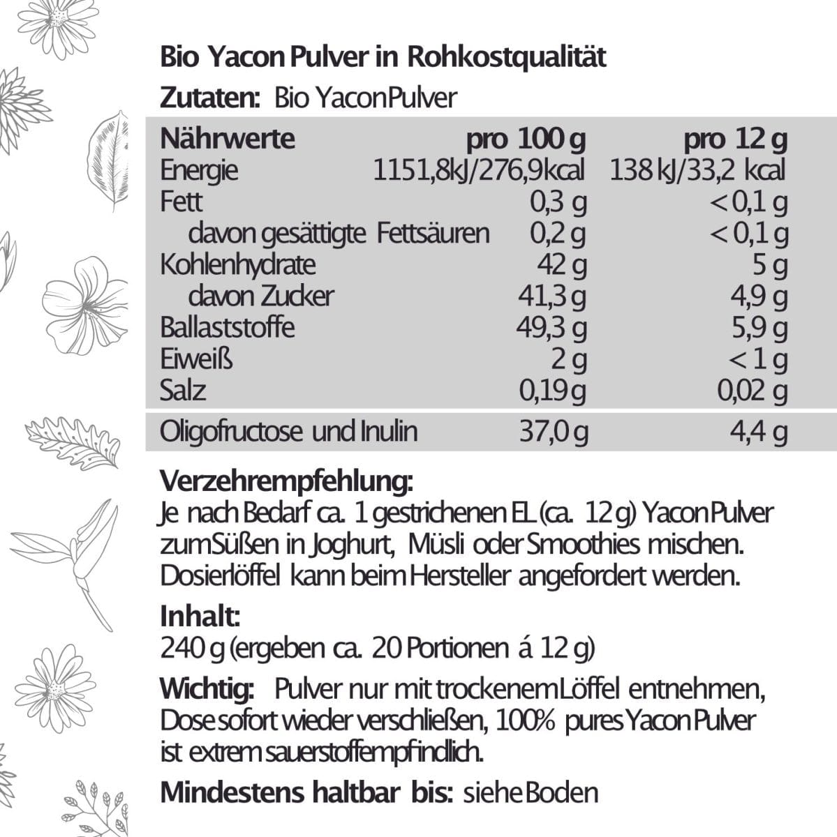 BIO Yacon Pulver 240 g - Amazonas Naturprodukte Handels GmbH